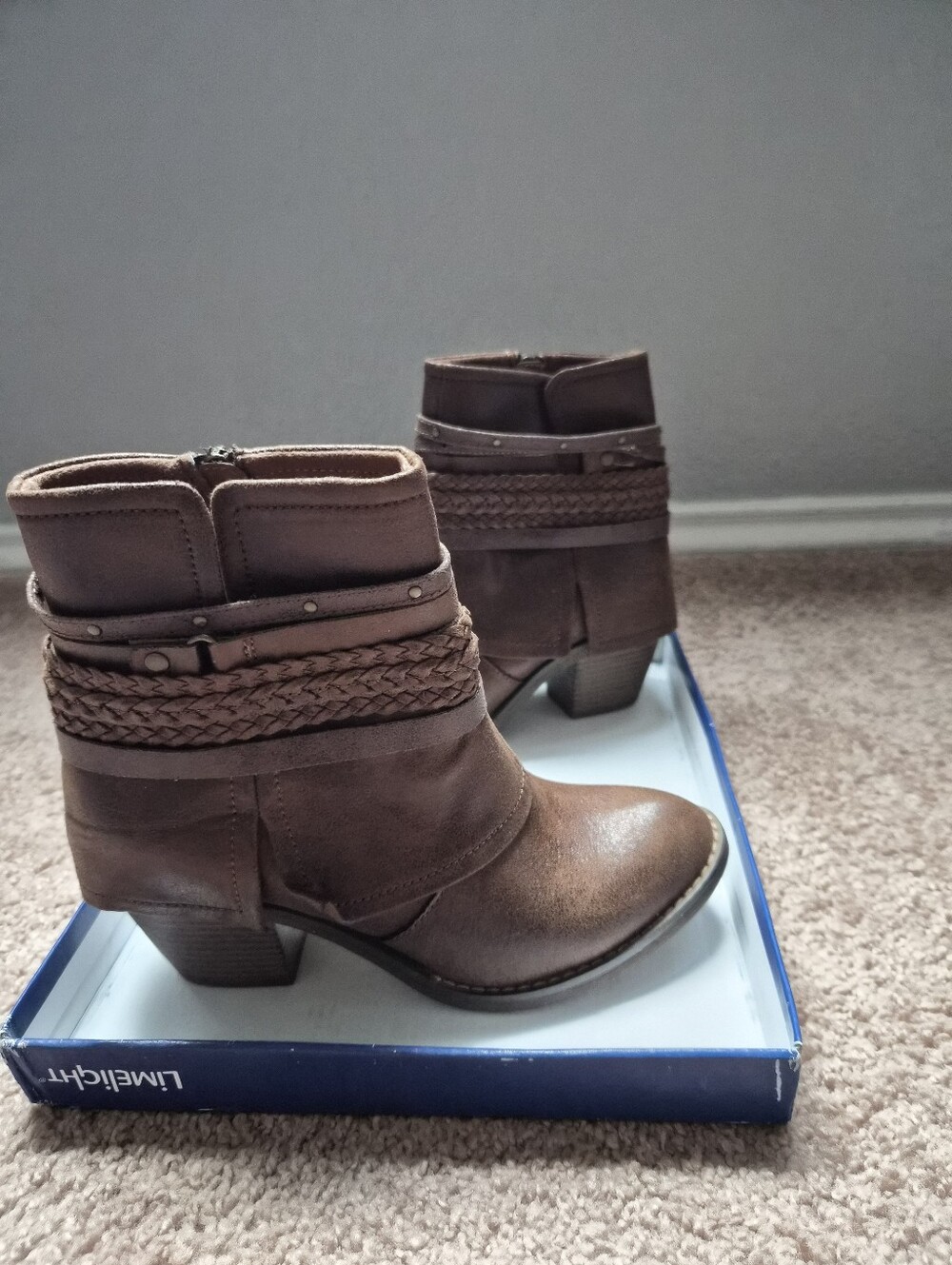 Limelight Brown Braided Ankle Booties with Studded Straps